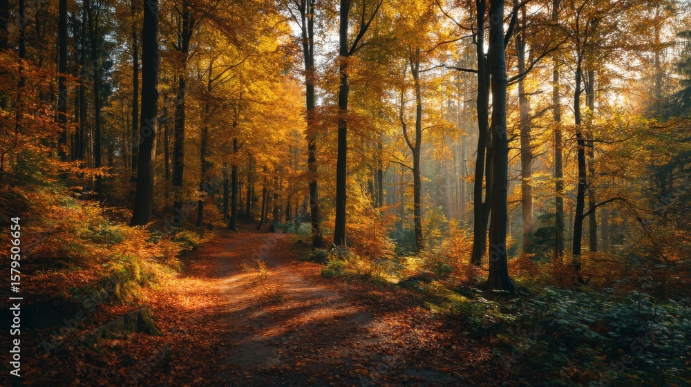 Fototapeta premium Autumn Forest Path Sunlight Golden Leaves