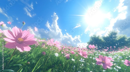 Vibrant pink cosmos flowers bloom in a sun-drenched field under a bright blue sky scattered with fluffy white clouds; green grass and distant trees complete the idyllic scene
