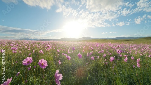 Vast field of pink cosmos flowers under a bright sun, set against a backdrop of rolling green hills and a partly cloudy blue sky.  Lens flare adds to the sunny ambiance