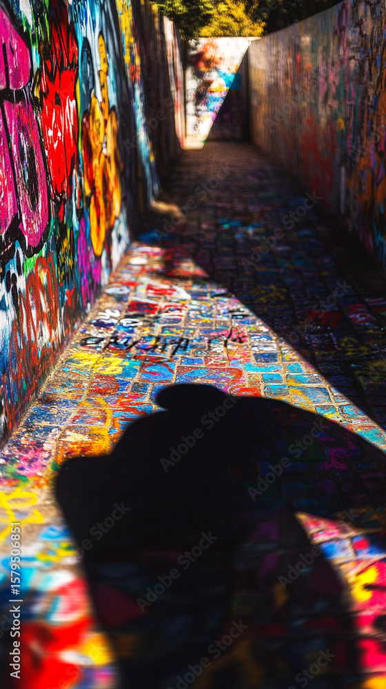 Fototapeta premium A mana??s shadow stretches across a graffiti-covered alley, his head bowed low. The vibrant colors contrast with his somber mood.