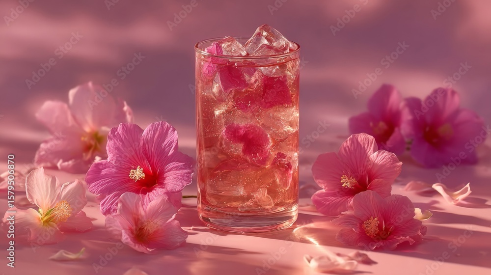 Pink Hibiscus Flower Cocktail with Ice Cubes on Pink Background Pink Hibiscus Flower Cocktail with Ice Cubes on Pink Background