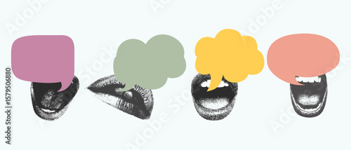 lips with speech bubbles in a halftone collage.  Vector image of dotted modern vintage urban magazine style grunge art, Social media, inspiration, idea, interview, communication concept