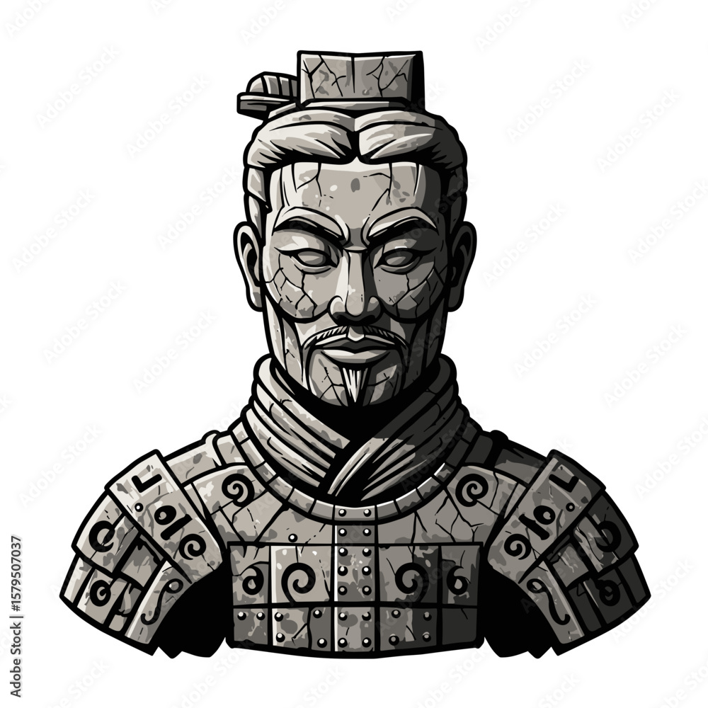 Fototapeta premium Terracotta Warrior portrait, stylized vector with cracked stone texture and swirling tribal patterns, black ink on white, symmetrical bold lines