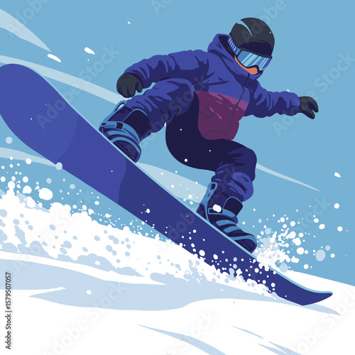 Snowboardist with snowboard and boots kicking up snow, dynamic flat vector action illustration in cool winter tones with stylized motion lines