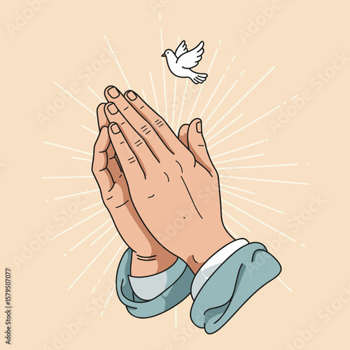 Praying hands with light rays and a small dove above, flat vector illustration in soft pastel colors, spiritual and peaceful mood