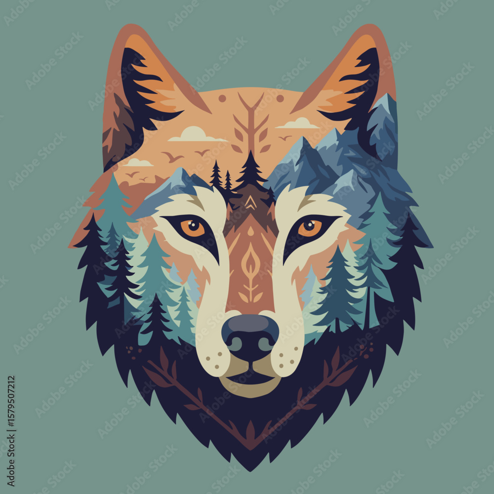 Fototapeta premium Wolf mask combined with trees and mountains, symbolic artistic flat vector design, nature-inspired composition on pastel green background