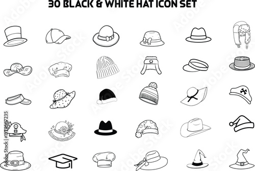 Collection of hand drawn outline hats including a baseball cap beanie and witch hat