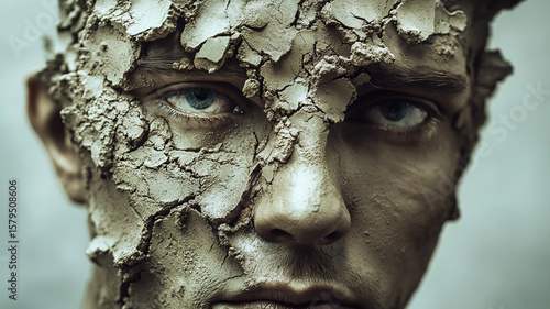 A mana??s face is partially covered in melting mud, his eyes filled with sorrow. The texture resembles a crumbling statue, symbolizing emotional decay.