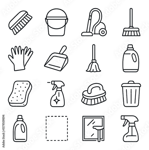Cleaning tools icon collection, household chore symbols. home and maintenance set