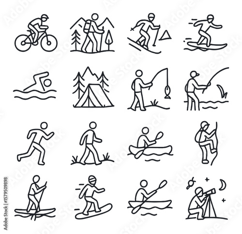 Outdoor adventure collection, nature activity icons for exploration and hiking enthusiasts