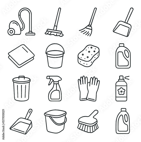 Cleaning tools collection, household equipment set. sanitation and janitorial symbols set