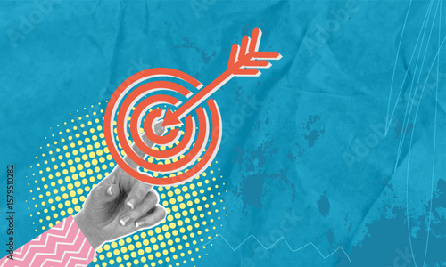 Trendy halftone pop art collage. Female hand and target with arrow on blue background with space for text.