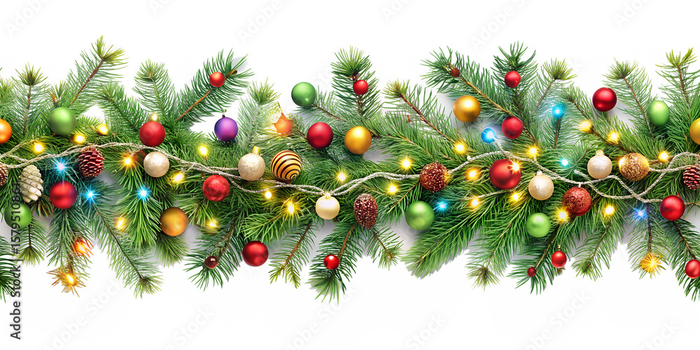 Obraz premium A christmas garland of fir branches and ornaments with lights isolated on transparent background creates a festive holiday scene