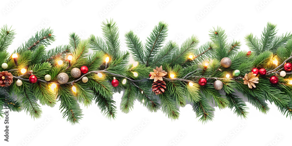 Obraz premium A christmas garland of fir branches and ornaments with lights isolated on transparent background creates a warm holiday feeling