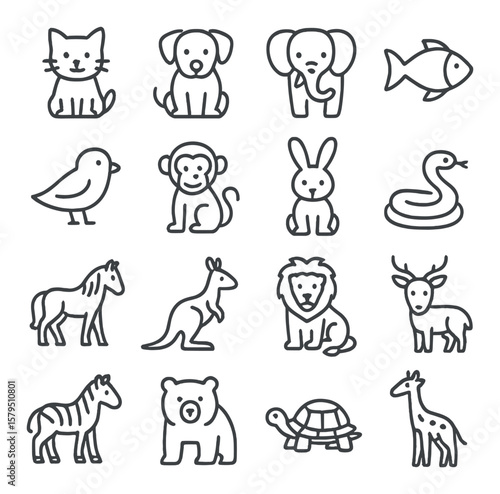 Animal icon collection, wildlife and nature symbols. simple creatures design set