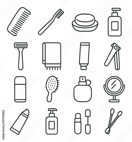 Personal care icon collection, hygiene and grooming essentials. bathroom toiletries set