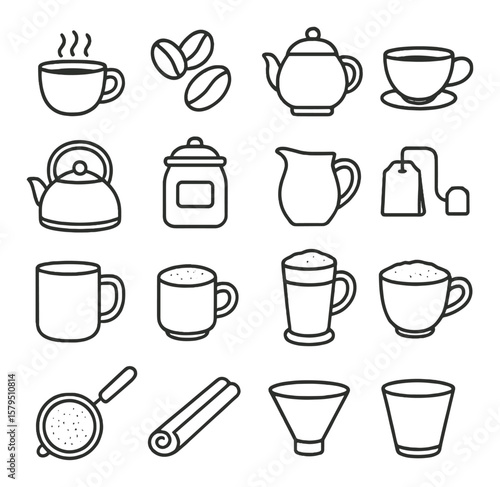 Coffee and tea collection, beverage icons. drink and cafe essentials set