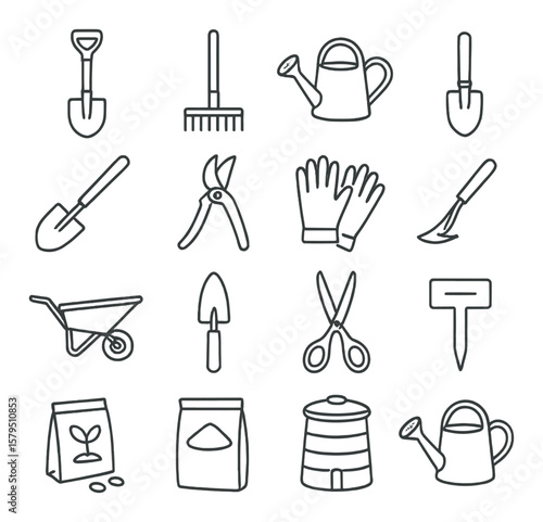 Gardening tools icon collection, garden equipment and tool symbols. horticulture set