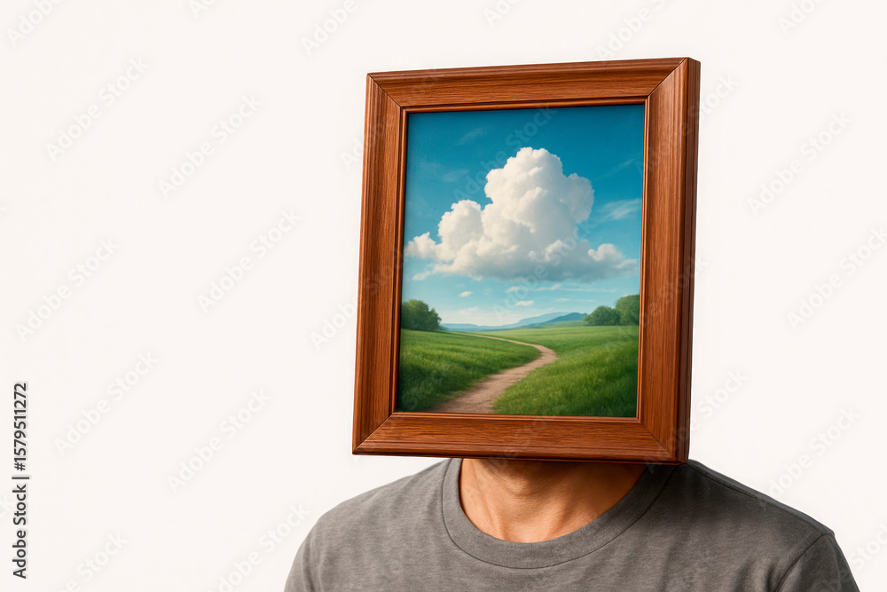 Fototapeta premium A person's face replaced by a landscape painting. Space for text.
