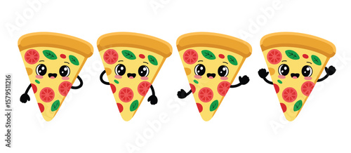 Four happy cartoon pizza slices with faces and arms waving cheerfully