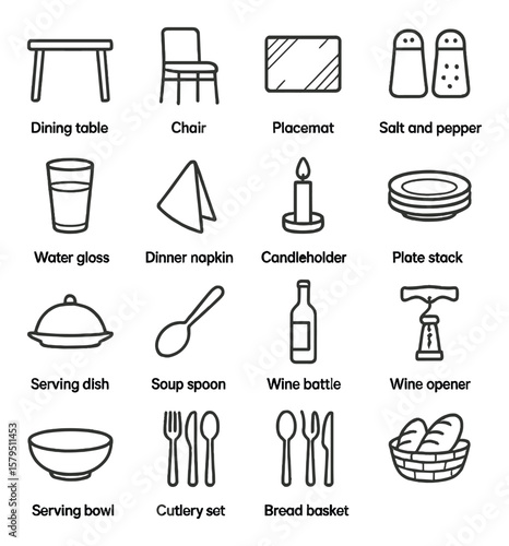 Dining room essentials collection, tableware and kitchen tools. simple and elegant set