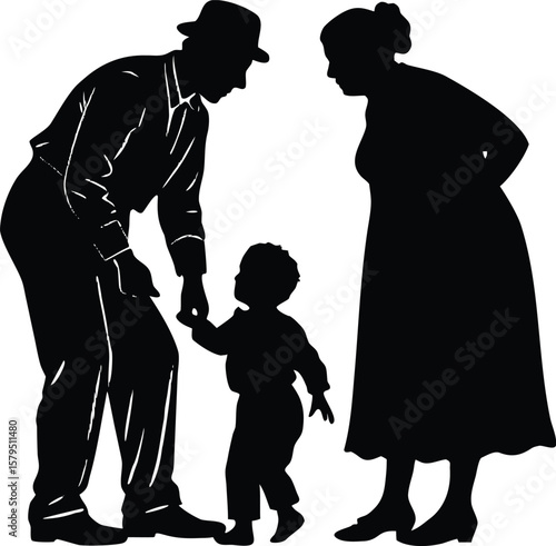 Grandparents Babysitting Silhouette | Older Couple with Kids Silhouette