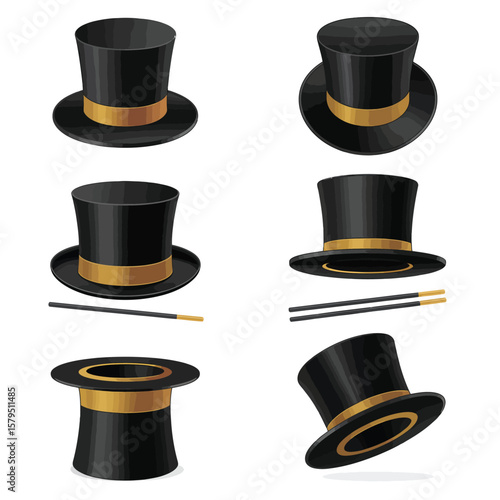 Collection of six black top hats with gold bands and magic wands