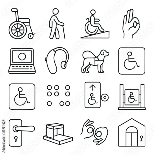 Disability access icon collection, accessibility and inclusivity symbols. universal design set