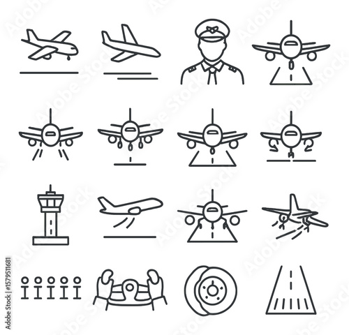 Aircraft landing collection, aviation icons. aeronautical graphics and symbols set