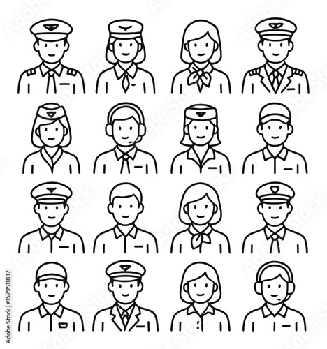 Aviation crew icons collection, flight attendant and pilot symbols. aircraft personnel set