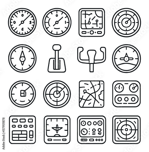 Aircraft cockpit collection, aviation instruments set. flight navigation and pilot tools icons