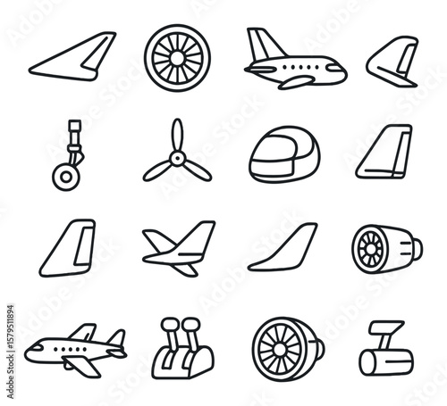 Aircraft parts icon collection, aviation symbols. airplane and aerospace component set