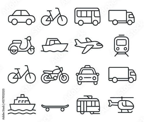 Transportation icon collection, vehicle and transport symbols. simple commuting graphics