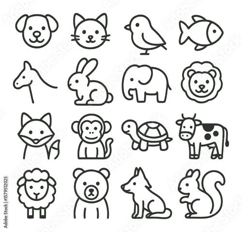 Animal icon collection, cute wildlife symbols. pet and zoo creatures design set