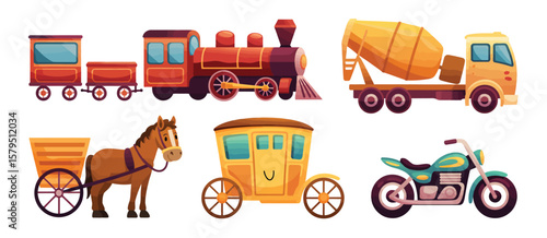 Collection of cartoon vehicles including a train horse carriage cement mixer and motorcycle