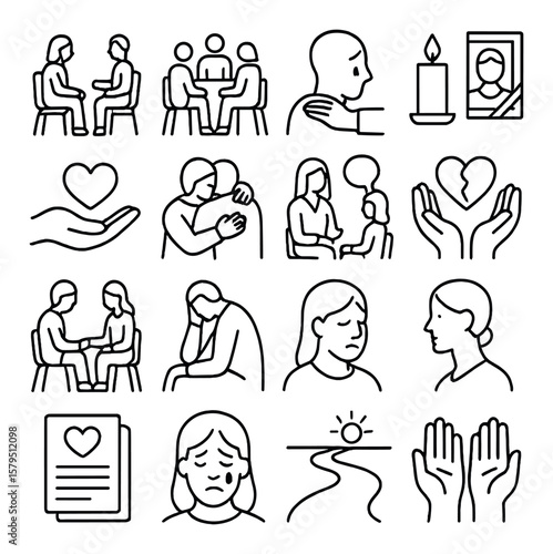 Grief support collection, mourning and empathy symbols. comfort and healing icons set
