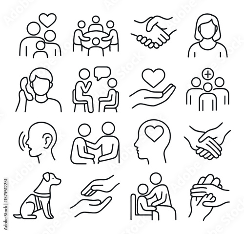 Support systems collection, care and empathy icons. counseling and aid symbol set