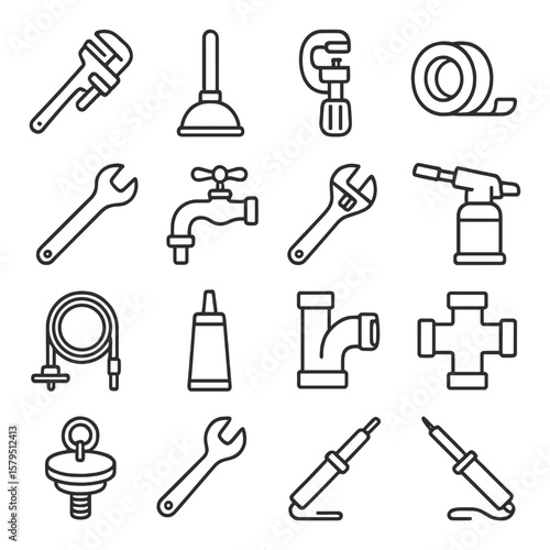 Plumber tools collection with essential designs. pipes, wrenches, and fittings set