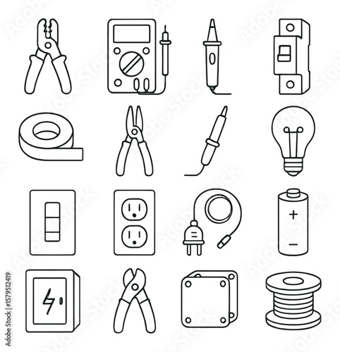 Electrical tools collection, essential repair kit icons. wiring and circuit maintenance set