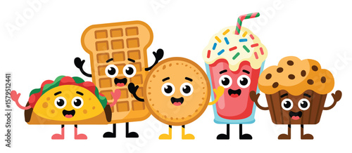 Happy cartoon food characters taco waffle cookie milkshake and muffin having fun together