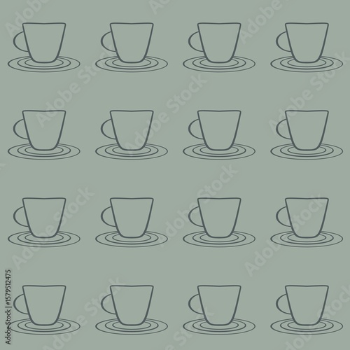 Wallpaper Mural A repetitive pattern of simple line drawings of teacups on saucers is set against a muted green background. The cups are evenly spaced and aligned in a grid. Torontodigital.ca