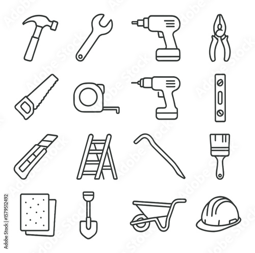 Construction tools collection, building equipment icons. handy tools and repair set