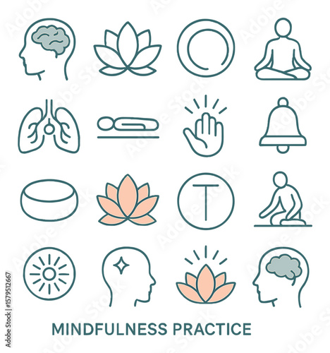 Mindfulness icon collection, meditation and wellness symbols. yoga and relaxation set