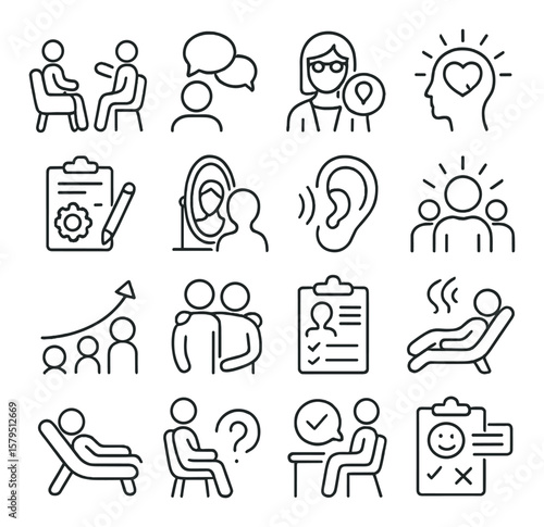 Therapy process icon collection, mental health symbols. counseling and wellness set