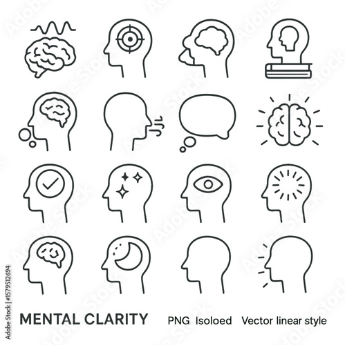Mental clarity icon collection, focus and mindfulness. simple brain health symbols