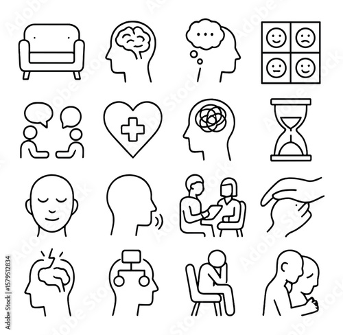 Therapy icon collection, mental health symbol set. counseling and wellness graphics