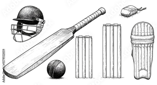 Vintage Sketch Typical Cricket Equipment Set Hand Drawn Black and White Engraving Illustration