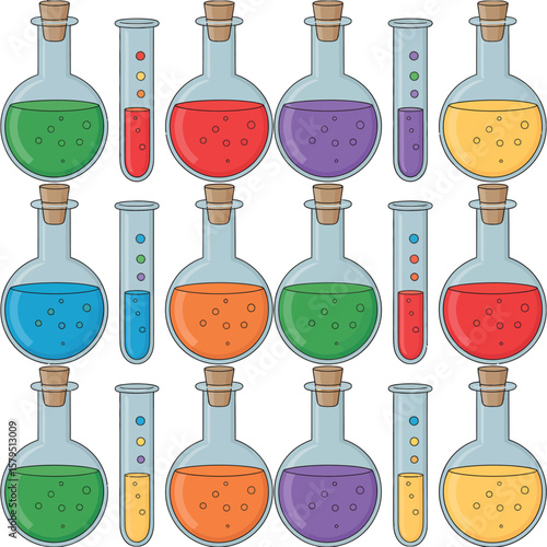 Colorful collection of science laboratory flasks and test tubes filled with liquid