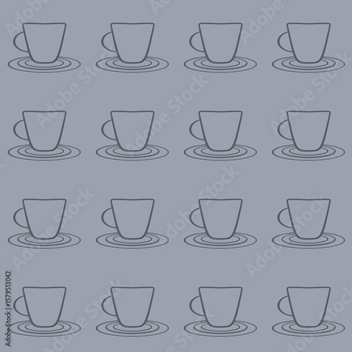 Wallpaper Mural A repeating pattern of outlined teacups and saucers is arranged evenly across a muted purple background. The minimalist design creates a seamless and uniform look. Torontodigital.ca
