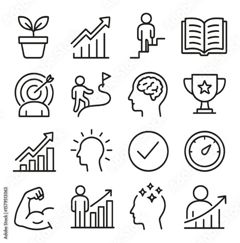 Personal growth icon collection, development symbols. self-improvement and motivation set